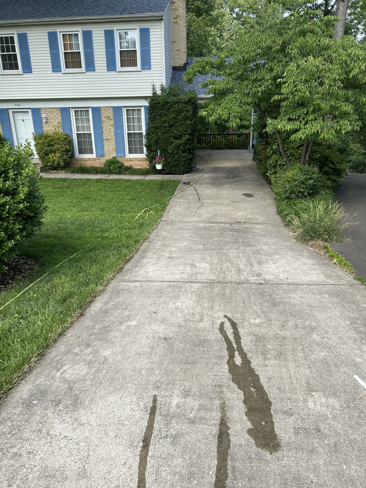 Stained front walkway and driveway before pressure washing in Springfield VA 22153